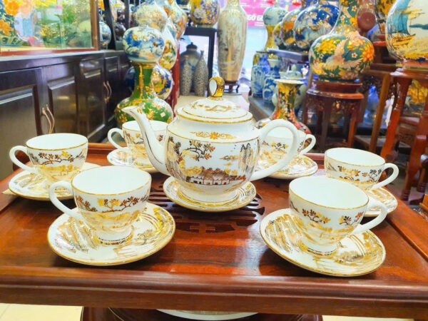 bộ ấm chén sơn thuỷ vẽ vàng cao cấp - Hình ảnh 2