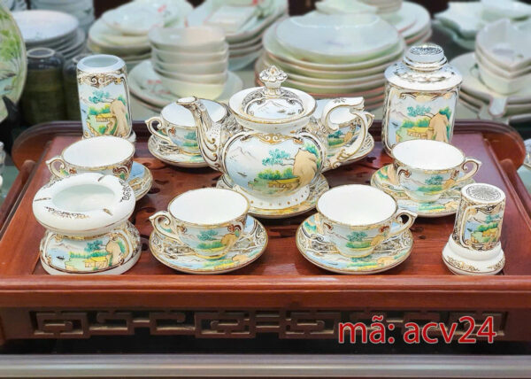 bộ ấm chén sơn thuỷ bổ khung - Hình ảnh 3