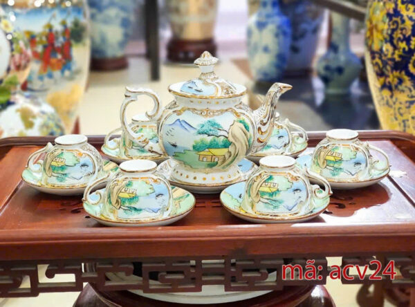 bộ ấm chén sơn thuỷ bổ khung