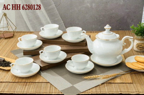 mẫu ấm chén trắng kẻ viền vàng - Hình ảnh 6